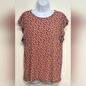 Premise L Top Slinky Stretch Knit Cap Ruffle Sleeeve Floral Colorful Like New